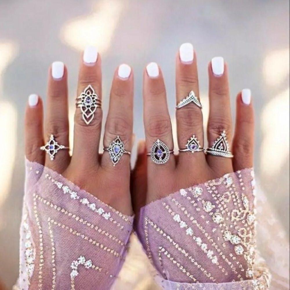 "Boho Princess" Silver & Purple Set of 7 Stackable Midi Rings